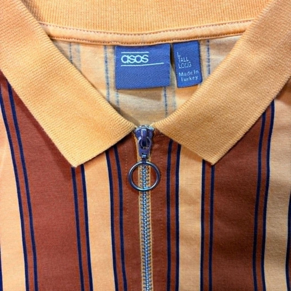 ASOS Men Large Tall Retro 70s Vertical Stripe Polo Shirt Orange Yellow Ring Zip